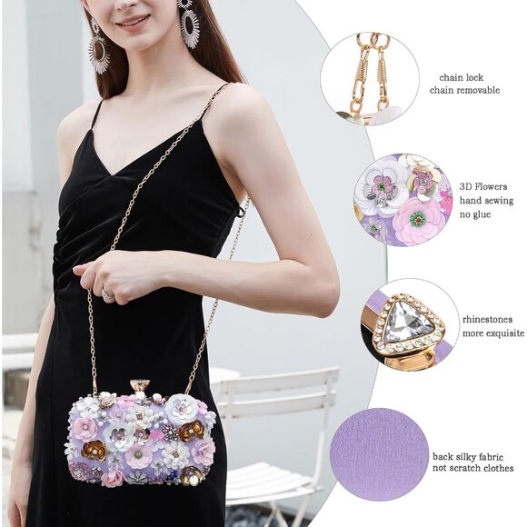 Purple Multicolored 3D Flower Clutch Handbag with Chain Strap for Evening, Weddi - Picture 5 of 7